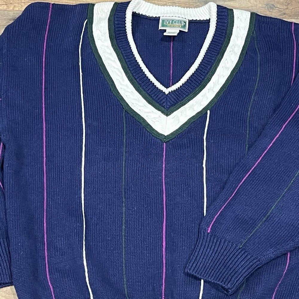 Vintage Ivy Club‎ Sweater Mens Large Chunky Knit Preppy Tennis Cotton 90s V Neck
